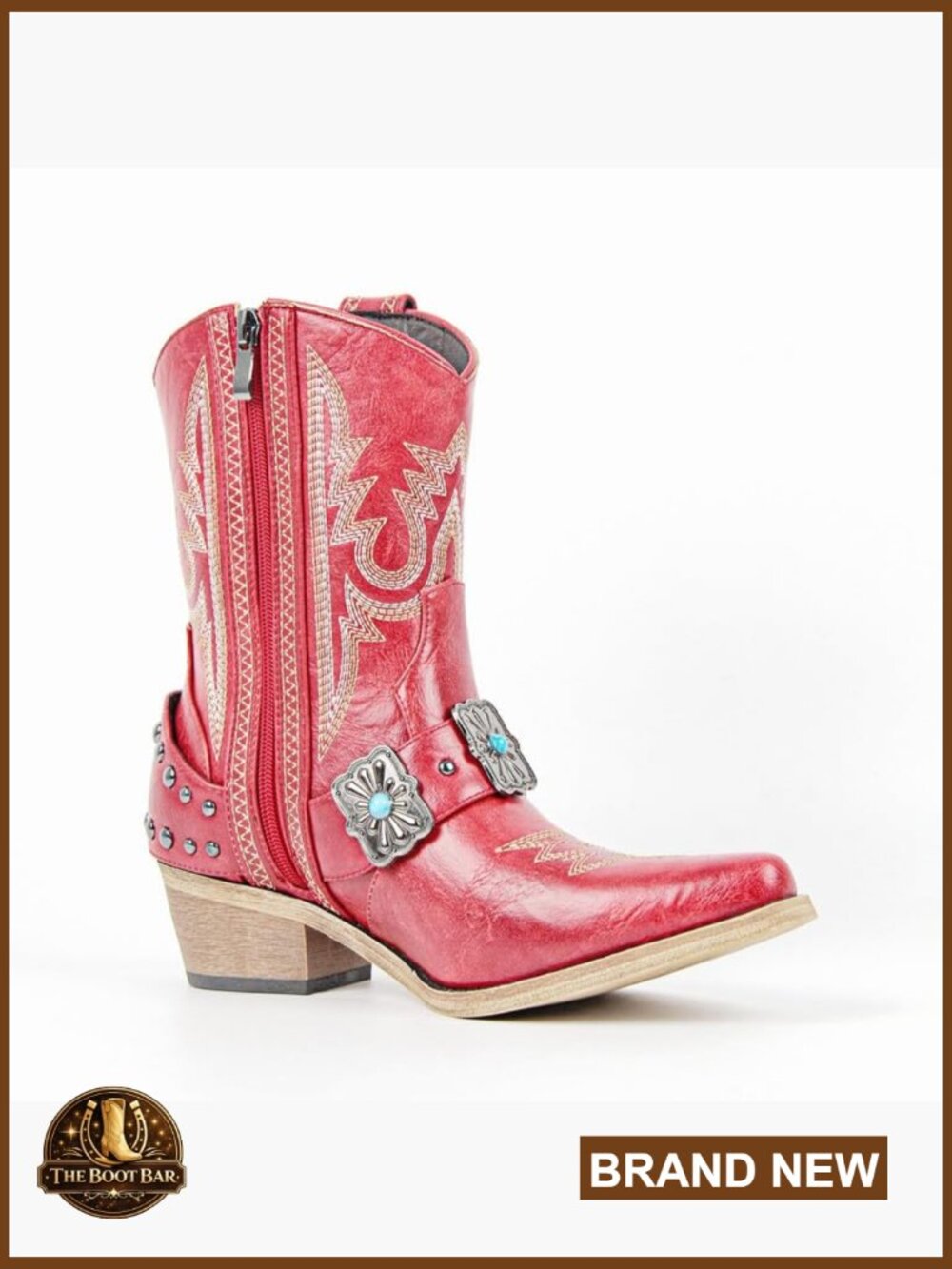 Women's Ankle Western Boots with Embroidery Studded Harness Block Heel - Picture 3 of 7